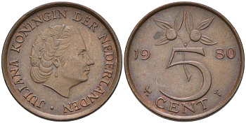 Нидерланды 5 центов 1980 Юлиана (1948-1980) KM 181 бронза 4573-414