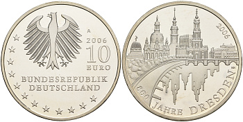 ФРГ 10 евро 2006 А, 800 лет городу Дрездену KM 246, DE.S. 10.27 серебро PROOF 1076-4-15