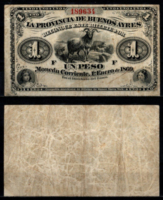 Аргентина, Буэнос-Айрес 1 песо ND (1870-1877) женские портреты, баран Pick S481 бумага 451-1332-3