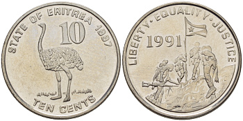 Эритрея 10 центов 1997 страус KM 45 сталь плакированная никелем UNC 67-1242