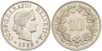 ШВЕЙЦАРИЯ 10 РАППЕНОВ 1933 В KM 27 медно-никель 216-1224
