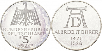 ФРГ 5 марок 1971 D, 500 лет со дня рождения Альбрехта Дюрера KM 129, J. 410 серебро PROOF 02-014-46