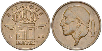 БЕЛЬГИЯ 50 САНТИМОВ 1969 BELGIQUE, БОДУЭН I (1951-1993) KM 148.1 бронза 214-457