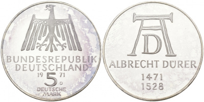 ФРГ 5 марок 1971 D, 500 лет со дня рождения Альбрехта Дюрера KM 129, J. 410 серебро PROOF 02-014-46
