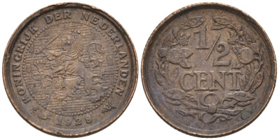Нидерланды 1/2 цента 1928 Вильгельмина (1890-1948) KM 138 бронза 4576-457
