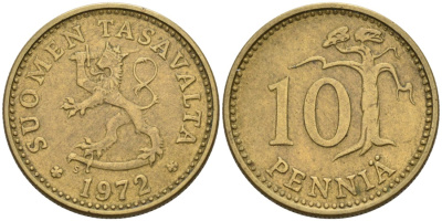 ФИНЛЯНДИЯ 10 ПЕННИ 1972 S KM 46 алюминиевая бронза 192-1036