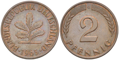 ФРГ 2 ПФЕННИГА 1965 G KM 106, J. 381 бронза 4181-743