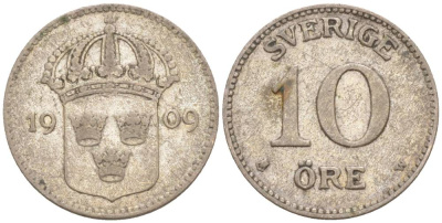 Швеция 10 эре 1909 Густав V (1907-1950) KM 780 серебро 187-256