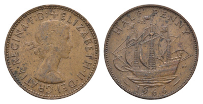 Великобритания 1/2 пенни 1966 Елизавета II (1952-2022) KM 896, Spink 4158 бронза 4663-113