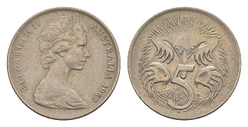 Австралия 5 центов 1967 Елизавета II (1952-2022) молодой портрет, ехидна KM 64 медно-никель 4151-749