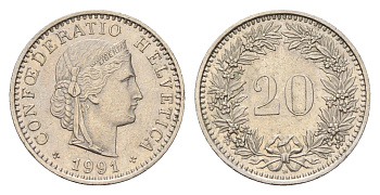 Швейцария 20 раппенов 1991 B KM 29a медно-никель 187-544