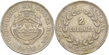 КОСТА-РИКА 2 КОЛОН 1978 B.C.C.R. KM 187.2 медно-никель 4545-912