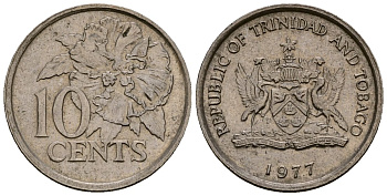 Тринидад и Тобаго 10 центов 1977 цветок гибискуса KM 31 медно-никель 4173-664