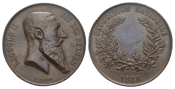 Бельгия медаль "Национальная выставка Леопольда II" 1880 Среди многочисленных торжеств, организованных по случаю 50-летия независимости Бельгии, была и Национальная выставка, сувениром к которой является эта медаль, Леопольд II, диаметр 50 мм, вес 52,25 г