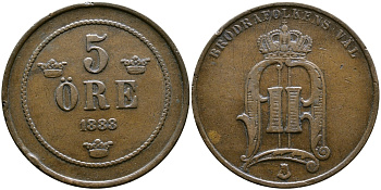Швеция 5 эре 1888 Оскар II (1872-1907) король Швеции и Норвегии, малые цифры года KM 736 бронза 53-611