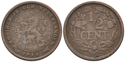 Нидерланды 1/2 цента 1911 Вильгельмина (1890-1948) KM 138 бронза 4576-343