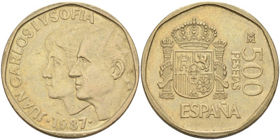 Испания 500 песет 1987 Хуан Карлос I (1975-2001) и София KM 831 алюминиевая бронза 4583-1013