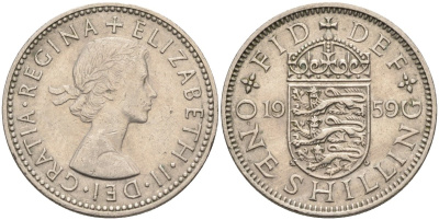 Великобритания 1 шиллинг 1959 Елизавета II (1952-2022), Английский герб KM 904, Spink 4147 медно-никель 4586-941