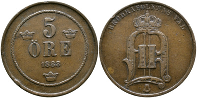 Швеция 5 эре 1888 Оскар II (1872-1907) король Швеции и Норвегии, малые цифры года KM 736 бронза 53-611