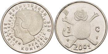 Нидерланды 1 гульден 2001 прощай гульден, детский рисунок, лев с флагом в руках KM 233 никель 86-1611