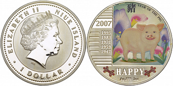 Ниуэ 1 доллар 2007 год Свиньи, счастливый, цветная эмаль KM NEW серебро PROOF 1066-7-31