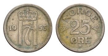 Норвегия 25 эре 1953 Хокон VII (1905-1957) KM 401 медно-никель 4632-1228