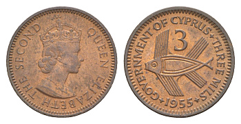 Кипр 3 миля 1955 Елизавета II (1952-2022), рыба KM 33 бронза UNC 4649-1154