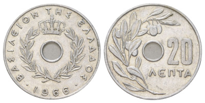 Греция 20 лепт 1966 Константин II (1964-1974), оливковая ветвь KM 79 алюминий 4628-1052