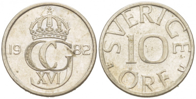 Швеция 10 эре 1982 U, Карл XVI Густав (1973- ) KM 850 медно-никель 3955-347
