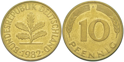 ФРГ 10 ПФЕННИГОВ 1982 F KM 108, J. 383 сталь плакированная латунью 219-542