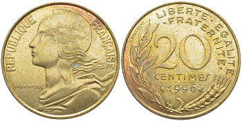 ФРАНЦИЯ 20 САНТИМОВ 1996 ТИП MARIANNE KM 930, LE FRANC 156.40 медь алюминий никель 175-916