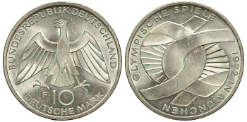 ФРГ 10 марок 1972 F, XX летние Олимпийские игры 1972 года в Мюнхене, символика KM 131, J.402 серебро 1520-231