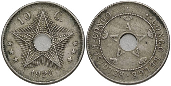 Бельгийское Конго 10 сантимов 1920 Альберт I (1909-1934) KM 18 медно-никель 27-1131