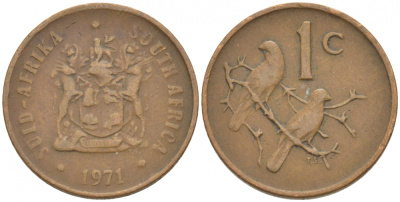 ЮАР 1 цент 1971 герб, капские воробьи KM 82 бронза 3309-613