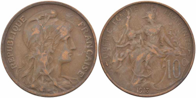 ФРАНЦИЯ 10 САНТИМОВ 1913 ТИП ДАНИЭЛЬ ДЮПЮИ KM 843, LA FRANC 136.23 бронза 109-326
