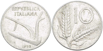 ИТАЛИЯ 10 ЛИР 1952 R, ПЛУГ, КОЛОСЬЯ KM 93 алюминий 175-336