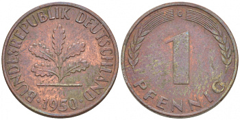 ФРГ 1 ПФЕННИГ 1950 G KM 105, J.380 сталь плакированная медью 3955-519