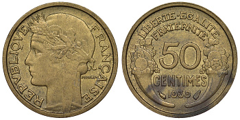 Франция 50 сантимов 1939 тип Morlon KM 894.1, Le Franc 192.15 алюминиевая бронза 4124-348