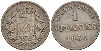 Бавария 1 пфенниг 1866 Людвиг II (1864-1886) КМ 471, AKS 185 медь 201-252