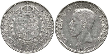 Швеция 1 крона 1913 1.9.1.3 W, Густав V (1907-1950) КМ 786.1 серебро 202-532