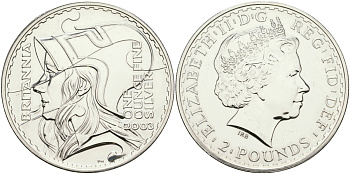 Великобритания 2 фунта 2003 Елизавета II (1952-2022), голова Британии KM 1039, Spink BSF5 серебро UNC 11-317-21