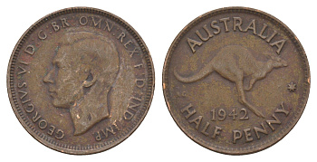 Австралия 1/2 пенни 1942 Георг VI (1936-1952), кенгуру KM 41 бронза 4652-136