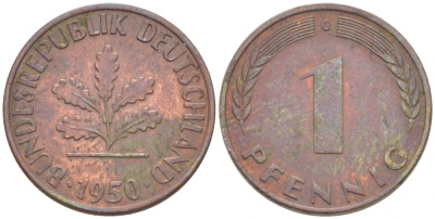 ФРГ 1 ПФЕННИГ 1950 G KM 105, J.380 сталь плакированная медью 3955-519