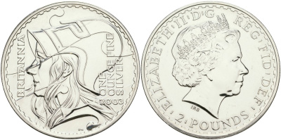 Великобритания 2 фунта 2003 Елизавета II (1952-2022), голова Британии KM 1039, Spink BSF5 серебро UNC 11-317-21