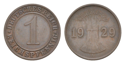 Германия 1 рейхспфенниг 1929 A KM 37, J. 313 бронза 4644-1041