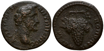Римская Империя, Провинция Фракия, Адрианополь AE 138 - 161 Антонин Пий, бюст императора / виноградная гроздь RPC online IV.1 10529 бронза 1100-8-41