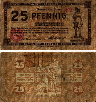 КЁЛЬН 25 ПФЕННИГОВ 1921 13 ИЮЛЯ 1921, НОТГЕЛЬД, ЗЕМЛЯ СЕВЕРНЫЙ РЕЙН-ВЕСТФАЛИЯ, СЕРИЯ AV Keller К30.18b бумага 6318-28-1-1