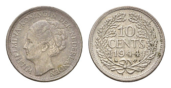Нидерланды 10 центов 1944 Вильгельмина (1890-1948) KM 163 серебро aUNC 4669-1216