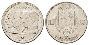 Бельгия 100 франков 1950 Леопольд III (1934-1950), Belgique KM 138 серебро 1519-743