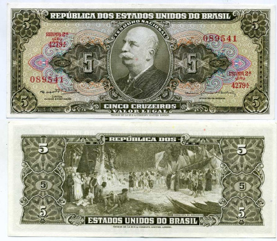 БРАЗИЛИЯ 5 КРУЗЕЙРО 1964 СЕРИЯ 4279, ESTAMPA 2A, БАРАО ДО РИО БРАНКО Pick 176d бумага UNC (ПРЕСС) 445-75-1